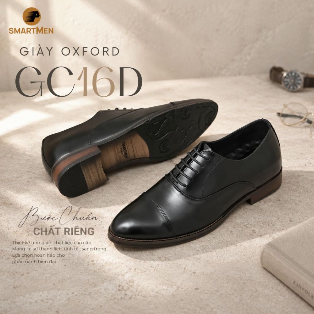 [BÁN CHẠY] Giày Oxford Công sở Cao cấp nam tăng chiều cao GC-16 Đen SMARTMEN đế phíp gỗ sang trọng