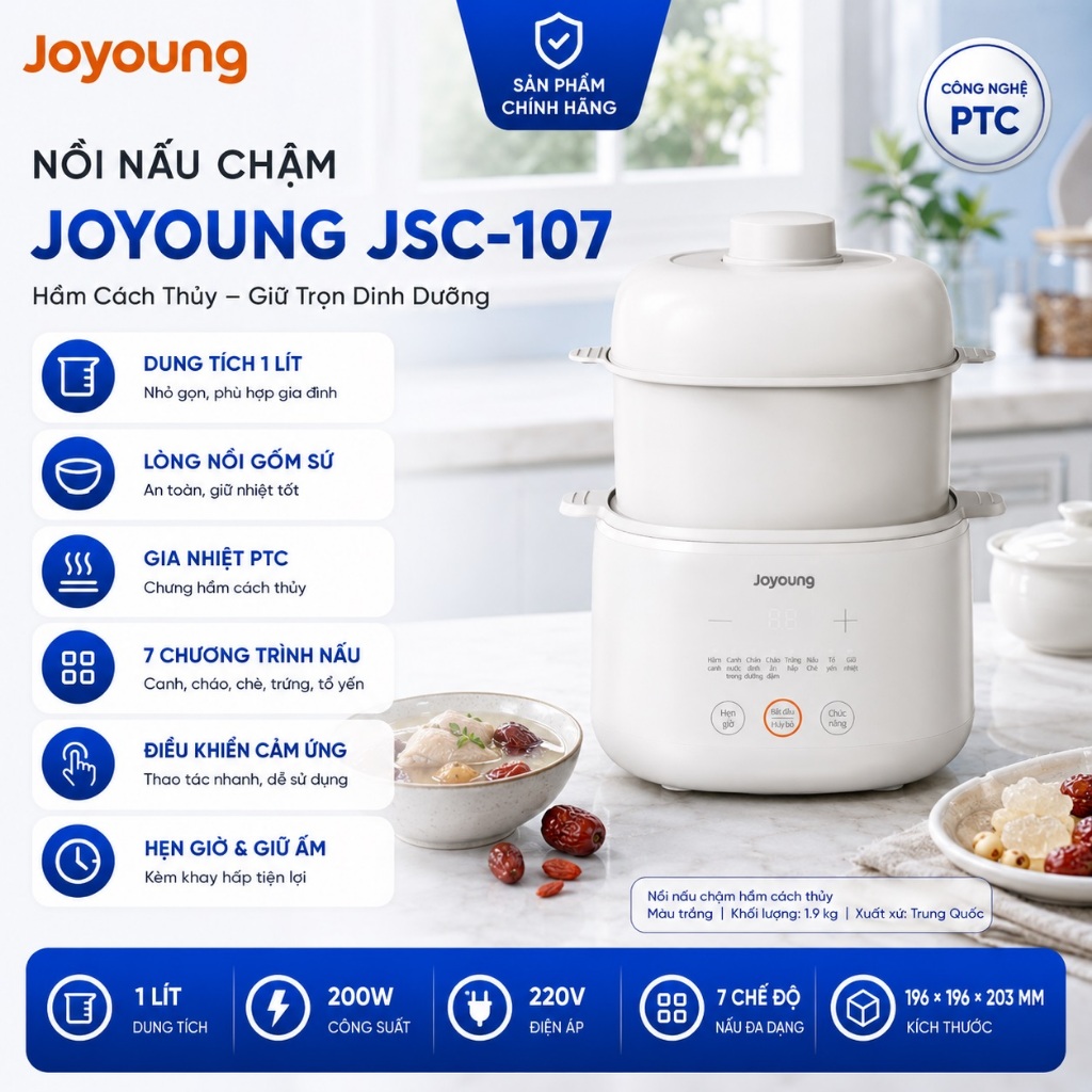 Nồi Nấu Chậm Joyoung JSC-107 (1L 1 Thố Sứ) | JSC-187 (1.8L 3 Thố Sứ) - Đa Chế Độ, Bảo Hành Chính Hãn