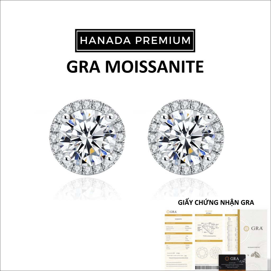 [CHỨNG NHẬN GRA] Bông Tai Hanada Đá Moissanite 6.5MM Tròn Đá Bạc 925 Phủ Bạch Kim Không Đen Không Mờ