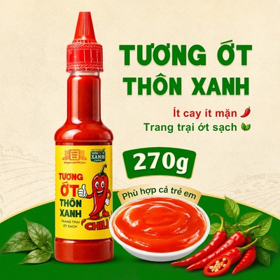 [Chai 270g] Tương ớt Thôn Xanh ít cay ít mặn trẻ em dùng được, trang trại ớt sạch - Làng Chài Xưa