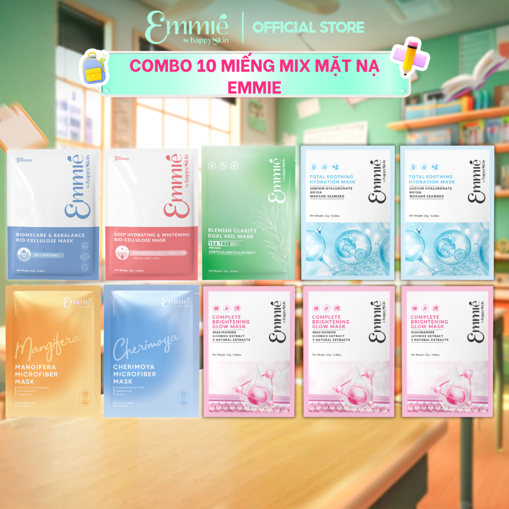 COMBO MIX 10 Mask Trải nghiệm Emmie : 1 Mask Dừa B5 + 1 Mask Dừa B3 + 2 Mask Vi sợi + 5 Mask Tencel 