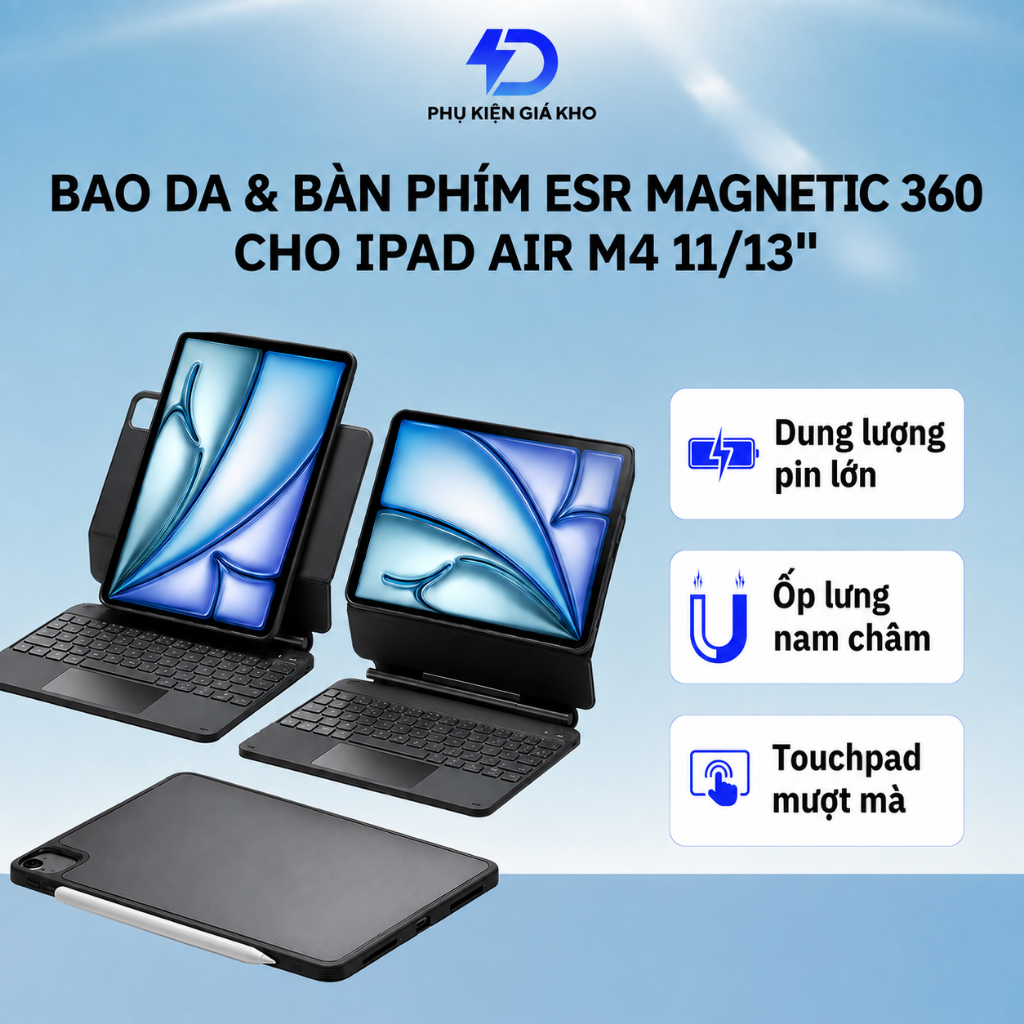 Bao da ESR kèm bàn phím Magnetic Rebound 360 Bảo vệ toàn diện 3 góc cho iPad Air 11" 13" (2024/2025/