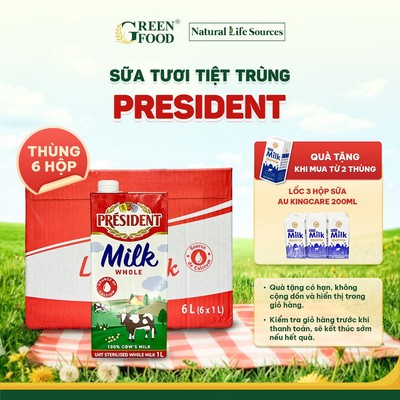 Thùng 6 Hộp Sữa Tươi Tiệt Trùng PRESIDENT Nguyên Kem 1L - Độ Béo 3.5%, Không Đường nhập khẩu từ Pháp
