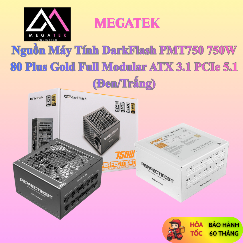 Nguồn Máy Tính DarkFlash PMT750 750W 80 Plus Gold Full Modular ATX 3.1 PCIe 5.1 (Đen/Trắng) - BH 60 