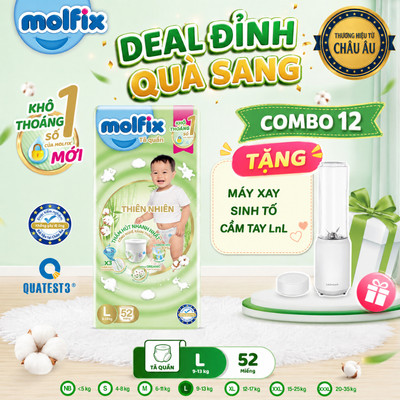 Combo 12 Tã/bỉm quần Molfix Thiên Nhiên Super Jumbo (CÓ MIX SIZE) bông cotton organic