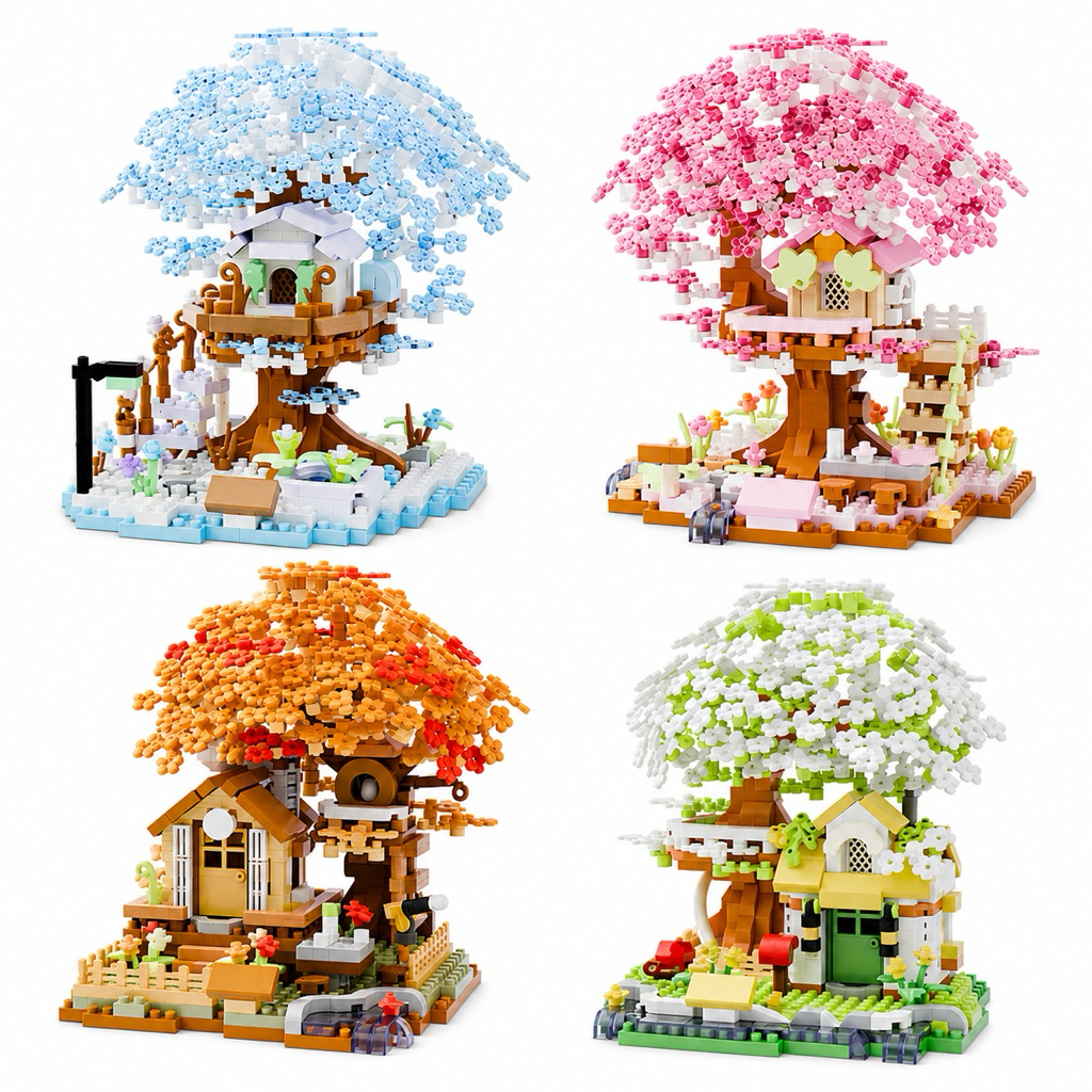 Trọn Bộ 4 Hộp Mô Hình Lắp Ráp Nhà Cây 4 Mùa Mini Trang Trí Bàn Học Dễ Thương