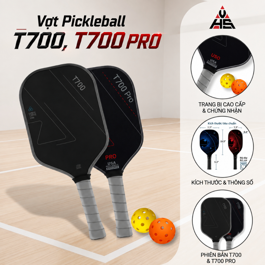 Vợt Pickleball T700,T700 Pro Carbon siêu nhẹ, siêu bền tặng kèm bóng Pickleball