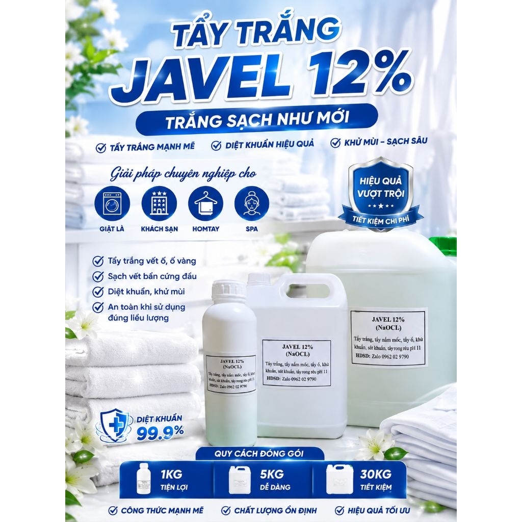 ​Nước Tẩy Trắng Javel Công Nghiệp 12% (can 5kg) – Đánh Bay Vết Ố Vàng, Tẩy Mốc Quần Áo Trắng & Khử T