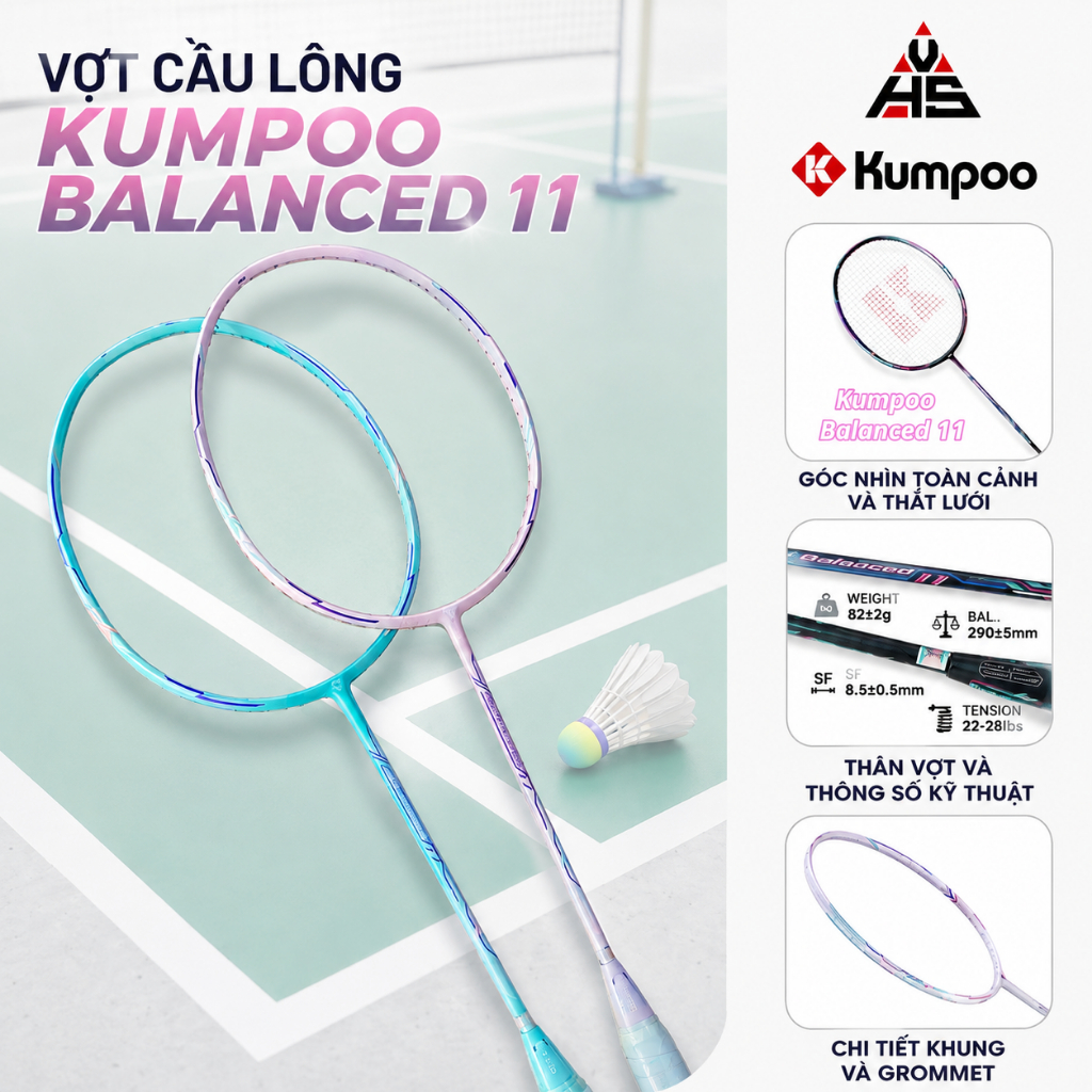 Vợt Cầu Lông Kumpoo Balanced 11 Chính Hãng Căng sẵn 11kg tặng kèm phụ kiện