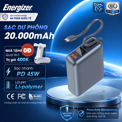 Sạc Dự Phòng Energizer 20,000mAh/ 45W, Chứng Nhận CCC, Sạc Nhanh PD, Chính Hãng, Bảo Hành 1 Năm