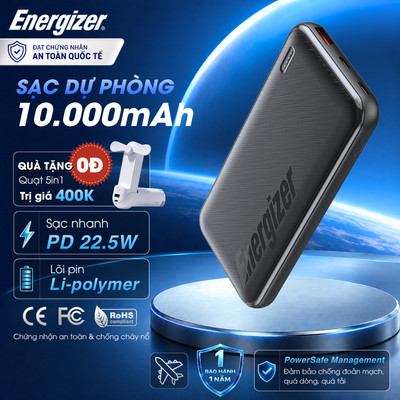Pin Sạc Dự Phòng Energizer 10000mAh Sạc Nhanh PD 22.5W, 3 Cổng Sạc Cho iPhone/ Samsung, BH 1 Năm