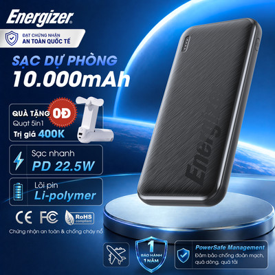 Sạc Dự Phòng Energizer 10000mAh Sạc Nhanh PD 22.5W, 3 cổng sạc cho iPhone/ Samsung, BH 1 Năm