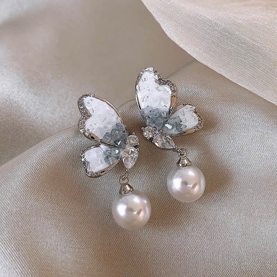 Bông Tai Bướm Khảm Đá Đính Ngọc Trai Trắng Hoa Tai Xinh Xắn, Trẻ Trung - Ngọc Trai Trường Thịnh