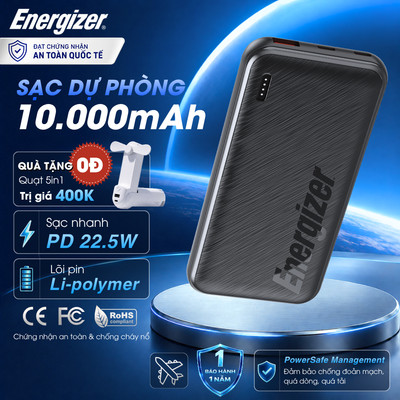 Sạc dự phòng Energizer Li-Polymer 10000mAh sạc nhanh PD 22.5W, 2 cổng sạc ra - Chính Hãng, BH 2 Năm