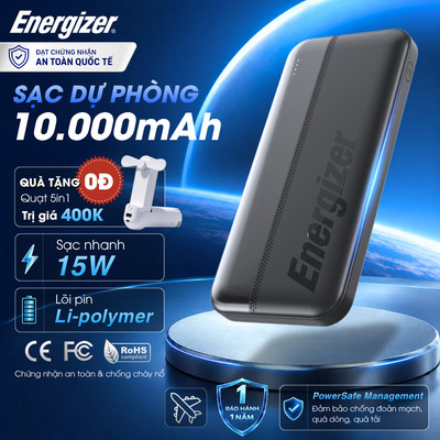 Pin Sạc Dự Phòng Energizer 10000mAh Sạc Nhanh 15W, 3 Cổng Sạc Cho iPhone/ Samsung, Chính Hãng, BH 1 Năm