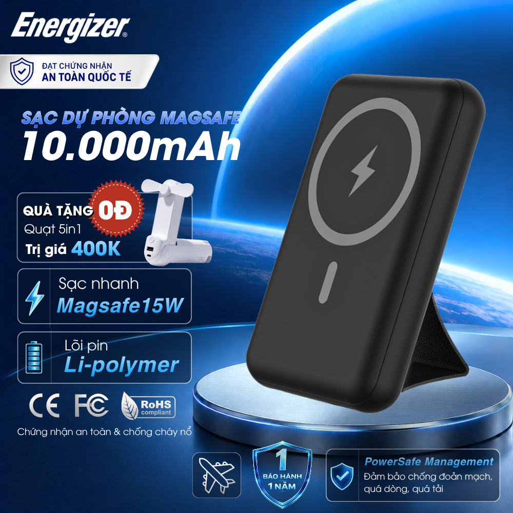 Sạc Dự Phòng Không Dây Magsafe Energizer 10.000mAh Sạc Nhanh PD 22.5W, 3 Cổng Sạc Ra, Bảo Hành 1 Năm