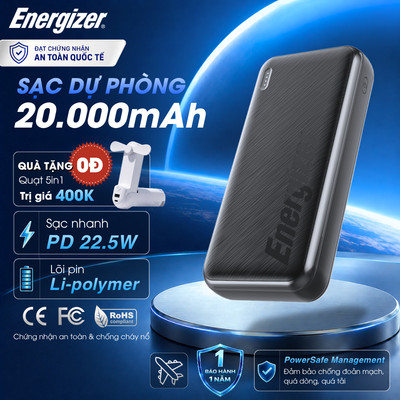 Sạc Dự Phòng Energizer 20000mAh Sạc Nhanh PD 22.5W, 3 Cổng Sạc Ra, Chính hãng, Bảo Hành 1 Năm