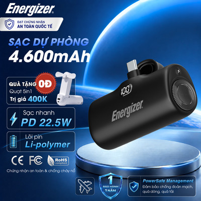 Sạc dự phòng Energizer 4600mAh sạc nhanh PD 22.5W, tích hợp cổng type C, Chính hãng, BH 1 năm