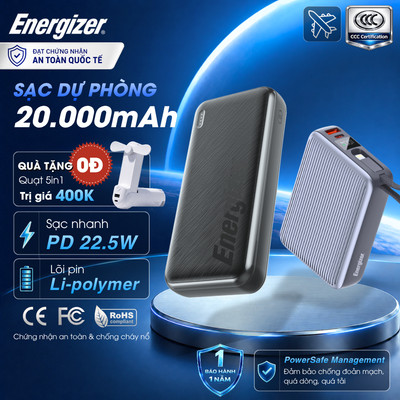 Sạc Dự Phòng Energizer 20000mAh Max 45W Sạc Nhanh PD cho iPhone/ Samsung, Chính Hãng, Bảo Hành 1 Năm