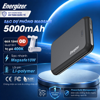 Sạc dự phòng Energizer 5000mAh Type C 15W, hỗ trợ sạc từ tính Magsafe 10W, 2 cổng output, BH 2 năm