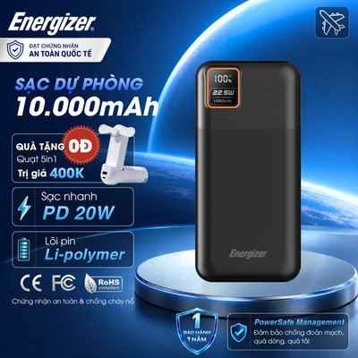 Sạc Dự Phòng Energizer 10.000mAh, Sạc Nhanh PD 20W - 3 Cổng Sạc Ra, Hàng Chính Hãng, Bảo Hành 1 Năm