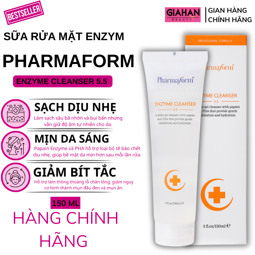 Sữa rửa mặt enzyme Pharmaform Enzyme Cleanser pH 5.5 – sạch sâu, tẩy da chết nhẹ, giảm mụn 150ml