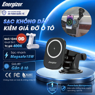 Sạc không dây Energizer 15W kiêm giá đỡ dùng trong ô tô, linh hoạt, chắc chắn - ECA007BK