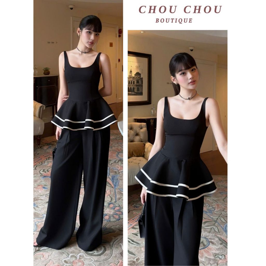 Set Áo 2 Dây Viền Bèo Tầng Phối Kèm Quần Ống Rộng Suông Chuẩn CHOUCHOU Sang Chảnh Đi Tiệc Công Sở