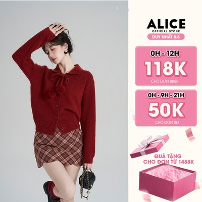 Áo Len Dệt Kim Cao Cấp Alice, Thiết Kế Cổ Bẻ Phối Dây Nơ Nữ Tính, Áo Bo Gấu Tay Dài Bồng A1035