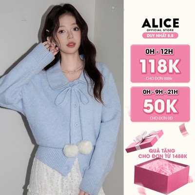 Áo Len Dệt Kim Cao Cấp Alice Dáng Ngắn Cổ Bẻ Phối Dây Nơ Buộc, Bo Gấu Áo Nữ Tính, Tay Dài Bồng A1034