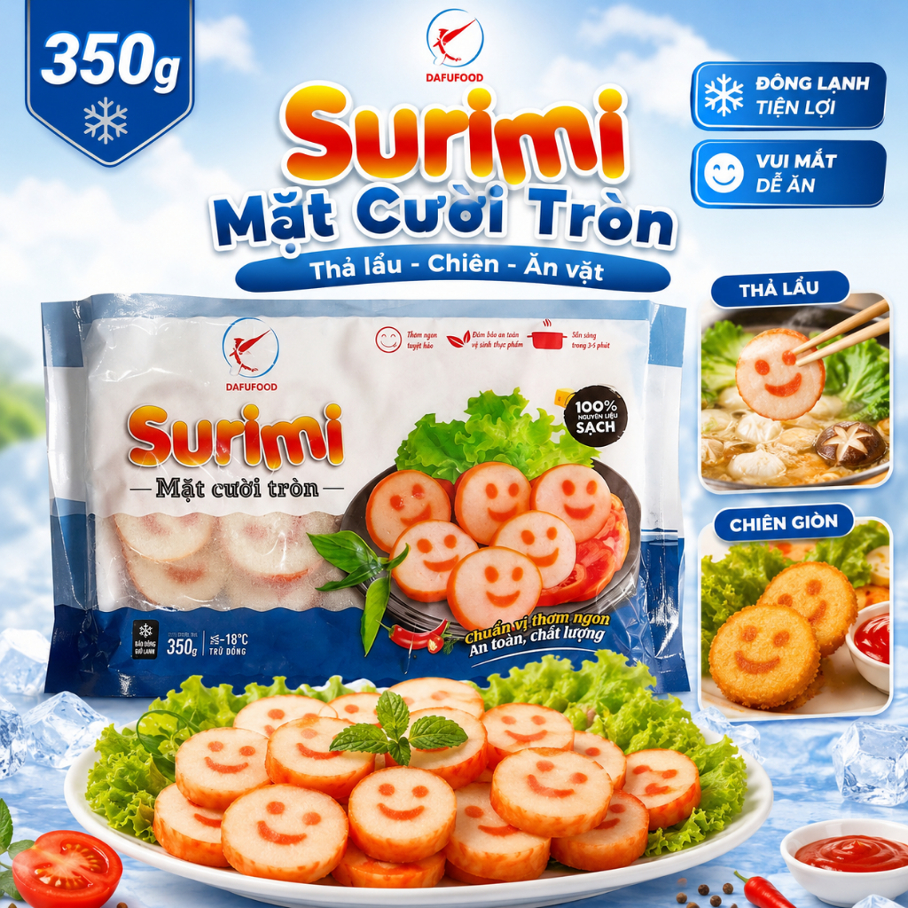 Surimi Mặt Cười Tròn DafuFood 350g - Chả Cá Mặt Cười Thả Lẩu Chiên Ăn Vặt Đông Lạnh