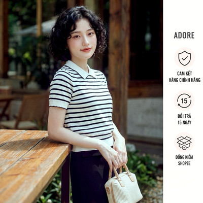 [ ADORE ] Áo Polo len hè Trắng kẻ navi/ Đỏ đô/Navi phối diềm trang trí 611TS1005