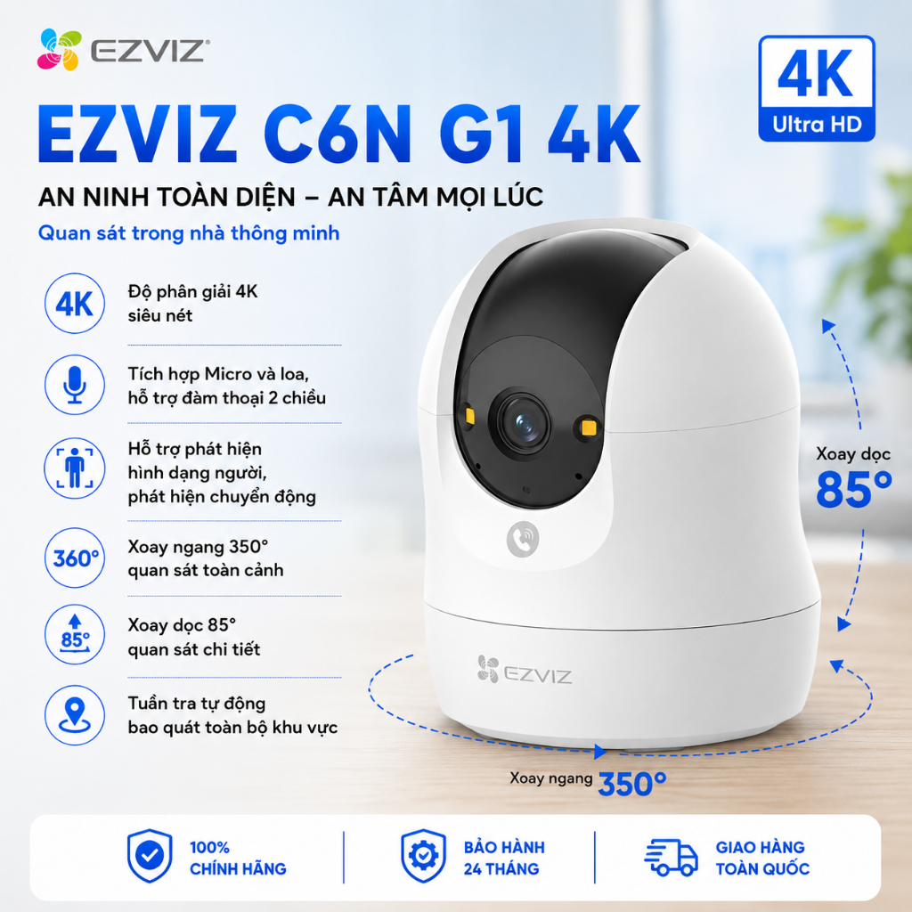Camera WIFI Ezviz trong nhà C6N Pro 2K, C6N G1 4K 8MP mẫu mới nâng cấp C6N cũ, tích hợp gọi 2 chiều,