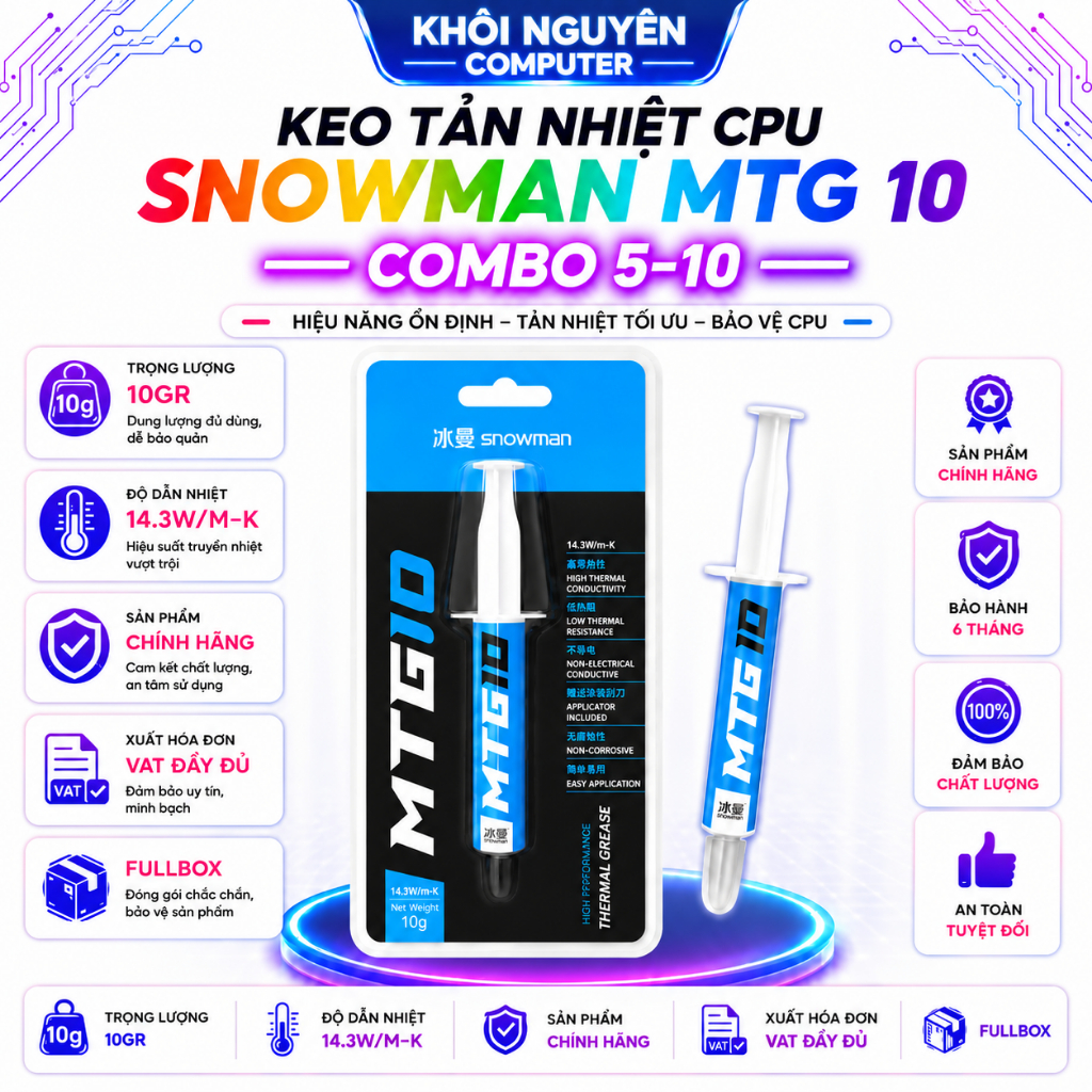 [Combo 5-10] Keo Tản Nhiệt CPU Snowman MTG10 10G 14.3W/MK Không Dẫn Điện Chính Hãng Full VAT