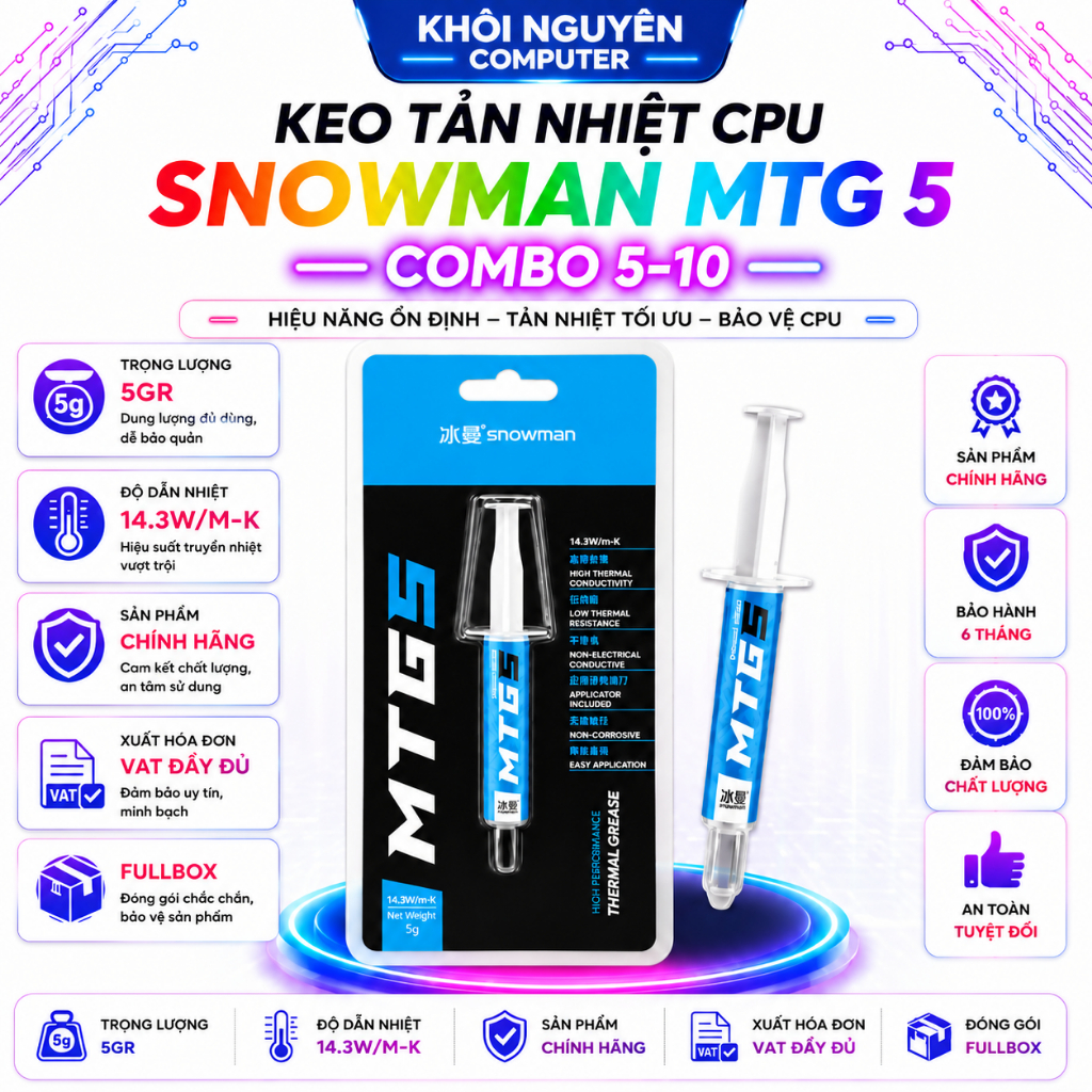 [Combo 5-10] Keo Tản Nhiệt CPU Snowman MTG5 5G 14.3W/MK Không Dẫn Điện Full VAT Cho PC Laptop
