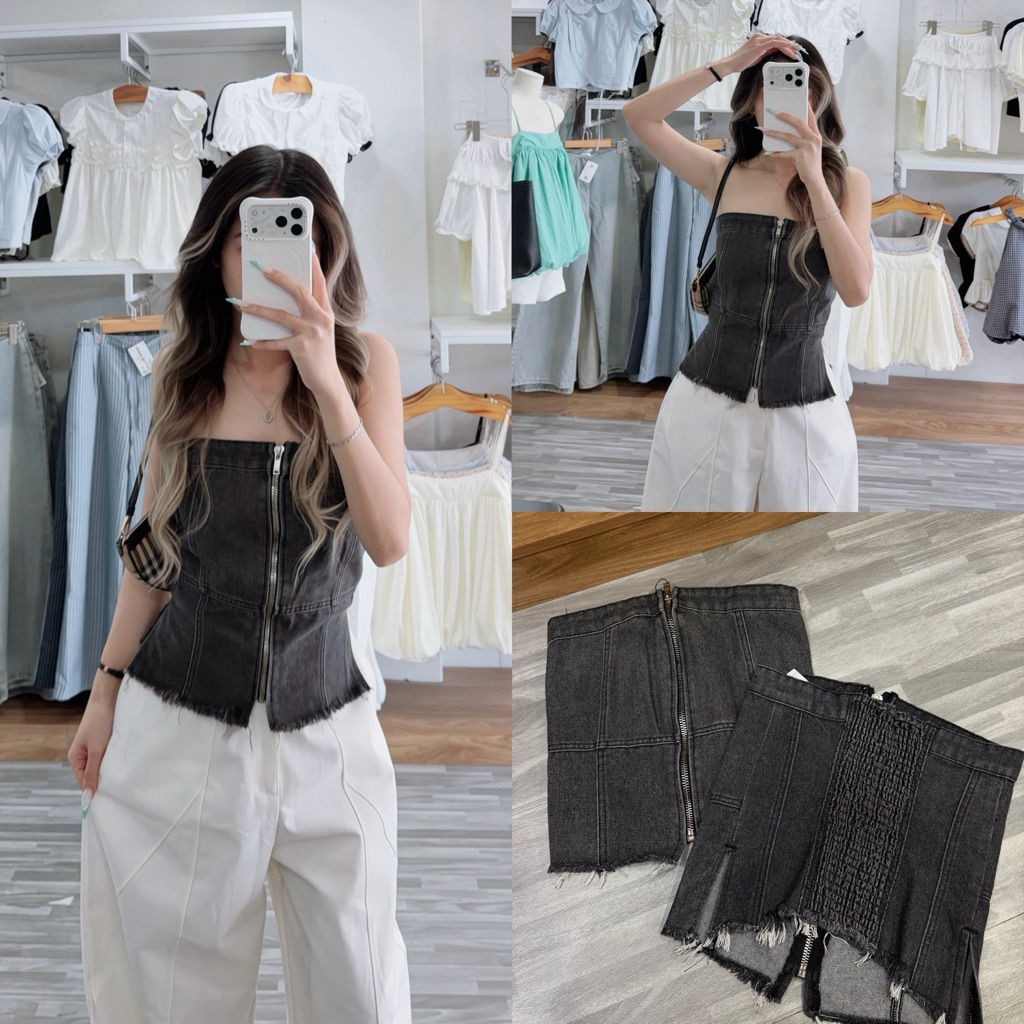 JENNIE TOP - Áo Ống Jeans DEROSE Kiểu Wash Chun Nhún Sau Dây Kéo Trước Áo Ống Nữ Áo Kiểu Nữ