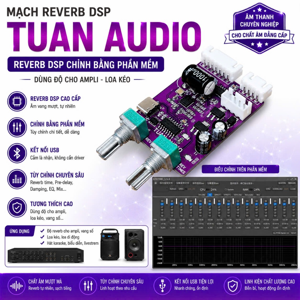 (Vang số mini) reverb mini DSP chip KT0708 độ loa kéo, apmpli.... có phần mềm chỉnh chuyên nghiệp, c