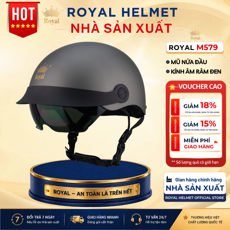 Mũ Bảo Hiểm Nửa Đầu Royal Helmet Chính Hãng M579K Nam Nữ Kính Âm Đen Tiện Lợi - Nón Bảo Hiểm 1/2 Roy
