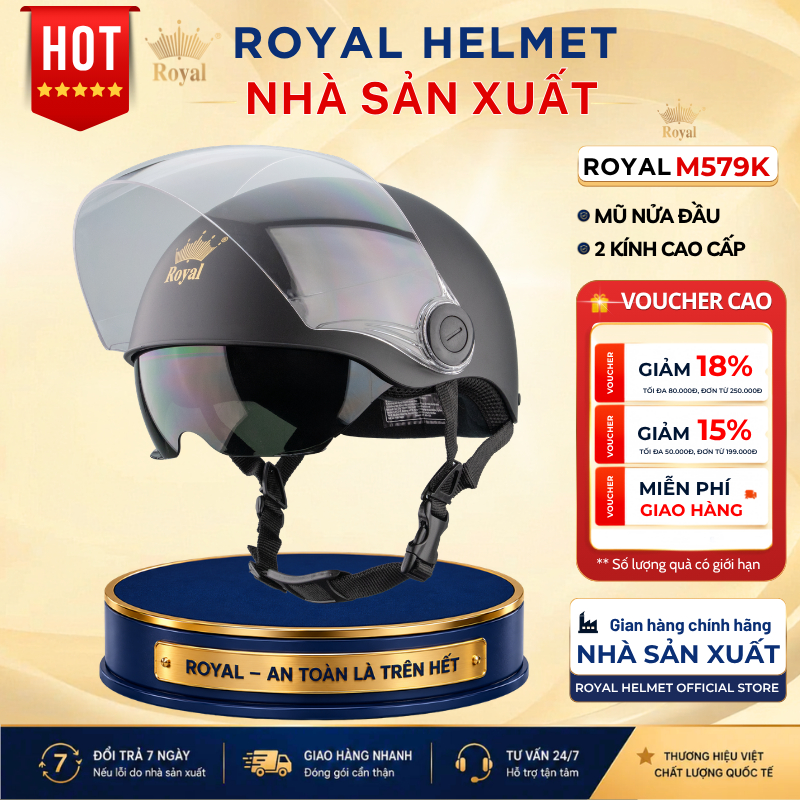 Mũ Bảo Hiểm Royal Helmet Chính Hãng M579K Kính Dài Trắng Kính Âm Đen - Nón Bảo Hiểm Nửa Đầu Kính Âm