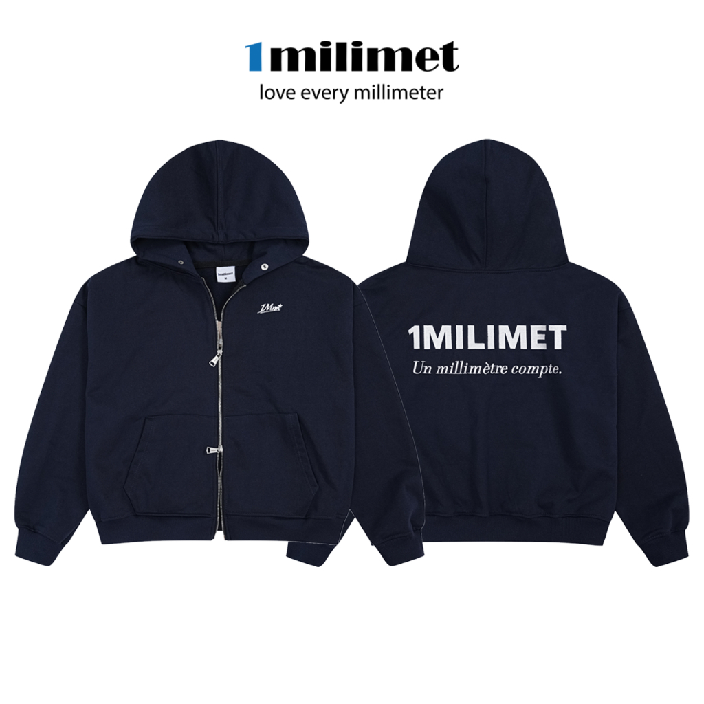 Áo Khoác Hoodie  Zip - 1MILIMET Core Zip Form BOXY Unisex, Vải Chân Cua 440GSM - Màu Xanh Đen