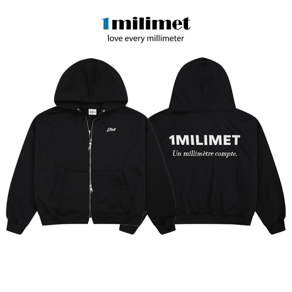 Áo Khoác Hoodie  Zip - 1MILIMET Core Zip Form BOXY Unisex, Vải Chân Cua 440GSM - Màu Đen