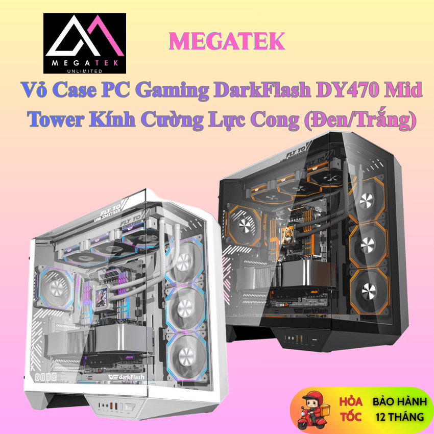 Vỏ Case PC Gaming DarkFlash DY470 Mid Tower Kính Cường Lực Cong Đen/Trắng - BH 12 Tháng