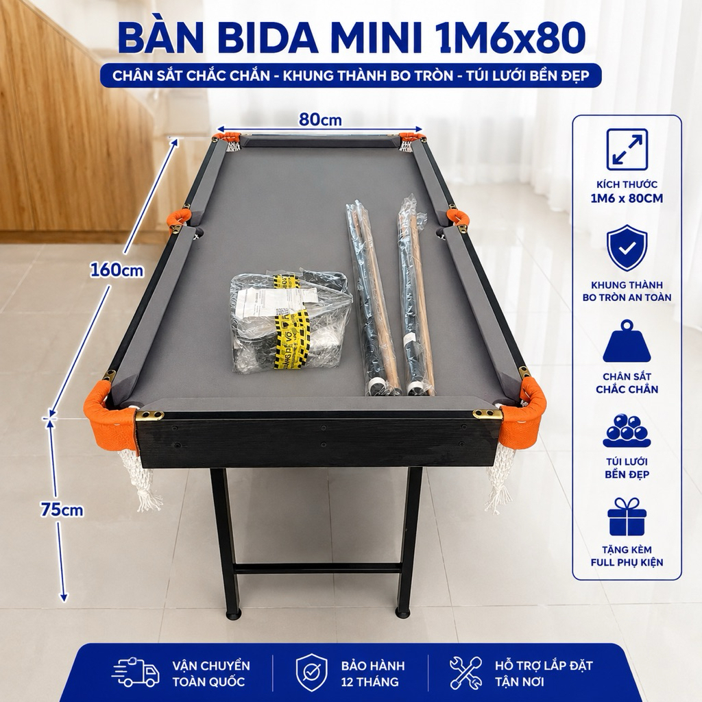Bàn Bida Mini 1m6 x 80cm ( bóng tiêu chuẩn ) Chân Gấp Sắt Cao 75cm - Full Phụ Kiện - Bàn Bi-a Gia Đì