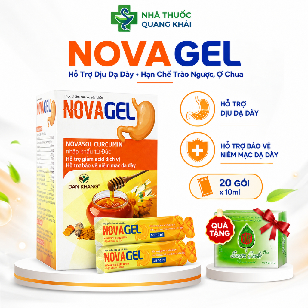 Gel Dạ Dày Novagel Dân Khang – Hỗ Trợ Dịu Dạ Dày, Hạn Chế Cảm Giác Trào Ngược, Ợ Chua, Hộp 20 Gói