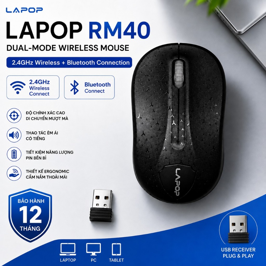 Chuột Không Dây Máy Tính Lapop RM40 Phím Click Nảy Tốt Cho PC Laptop - Bảo Hành 12T