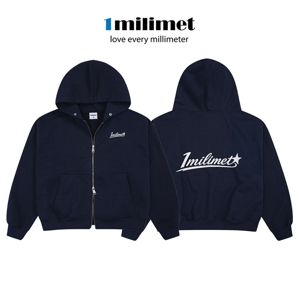 Áo Khoác Hoodie Zip - 1MILIMET Star Signature Form BOXY Unisex, Vải Chân Cua 440GSM - Màu Xanh Đen