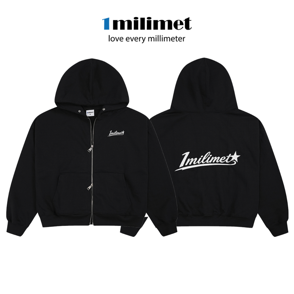 Áo Khoác Hoodie Zip - 1MILIMET Star Signature Form BOXY Unisex, Vải Chân Cua 440GSM - Màu Đen