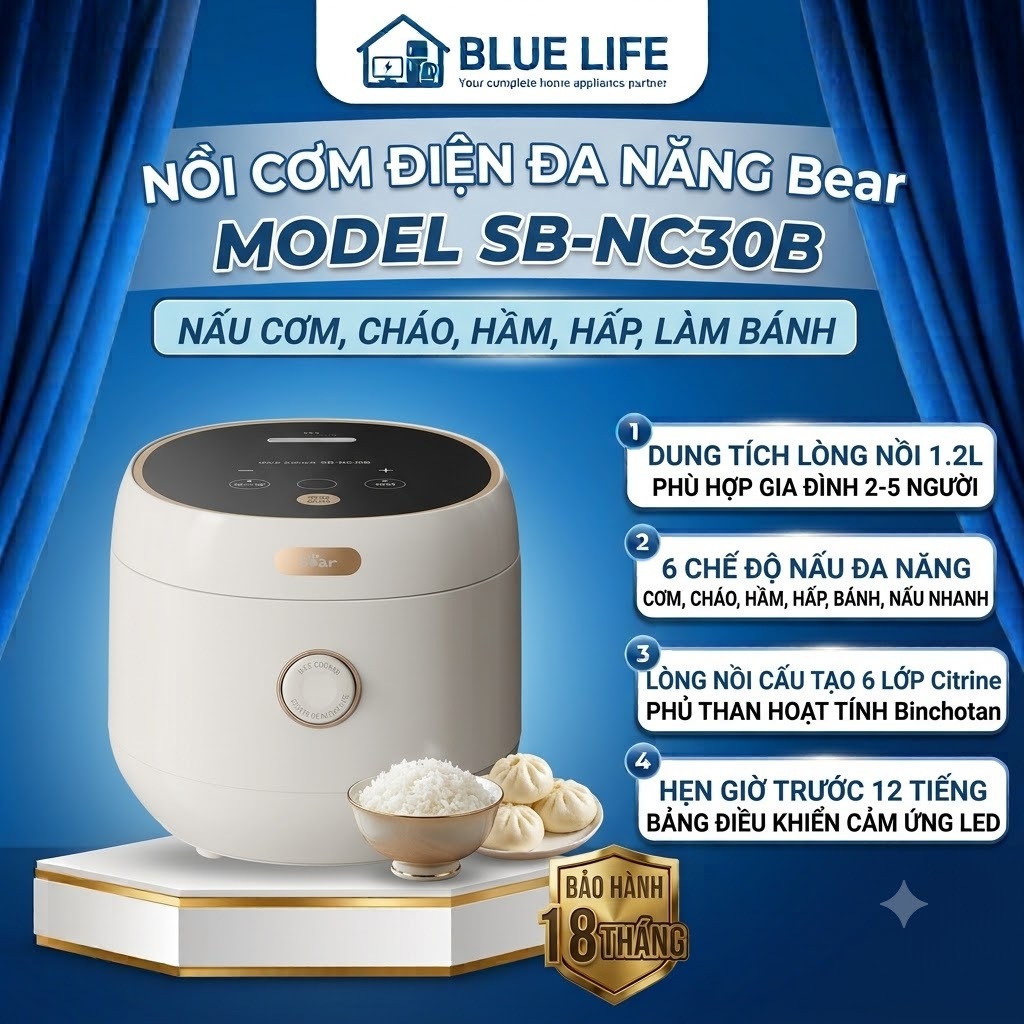 Nồi Cơm Điện Bear SB-NC30B, 1.2Lit - 600w, Điều Khiển Cảm Ứng - 6 Chế Độ Nấu, Hàng Chính Hãng