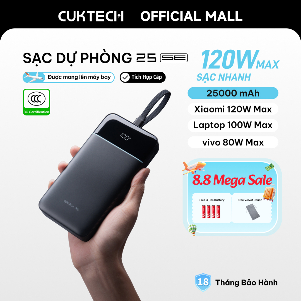 CUKTECH 120W 25000mAh Sạc Nhanh Công Suất Cao Pin Dự Phòng – Hỗ Trợ Xiaomi 120W Laptop 100W Samsung 45W iP16/15/14 | BigBuy360 - bigbuy360.vn