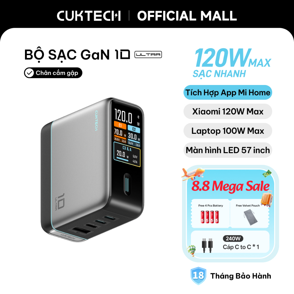 Củ Sạc Nhanh CUKTECH GaN 120W 4 Cổng Điều Khiển App Mi Home Cho Laptop/MacBook/iP 17/16/15 Pro Max/Xiaomi 17/Samsung S26 | BigBuy360 - bigbuy360.vn